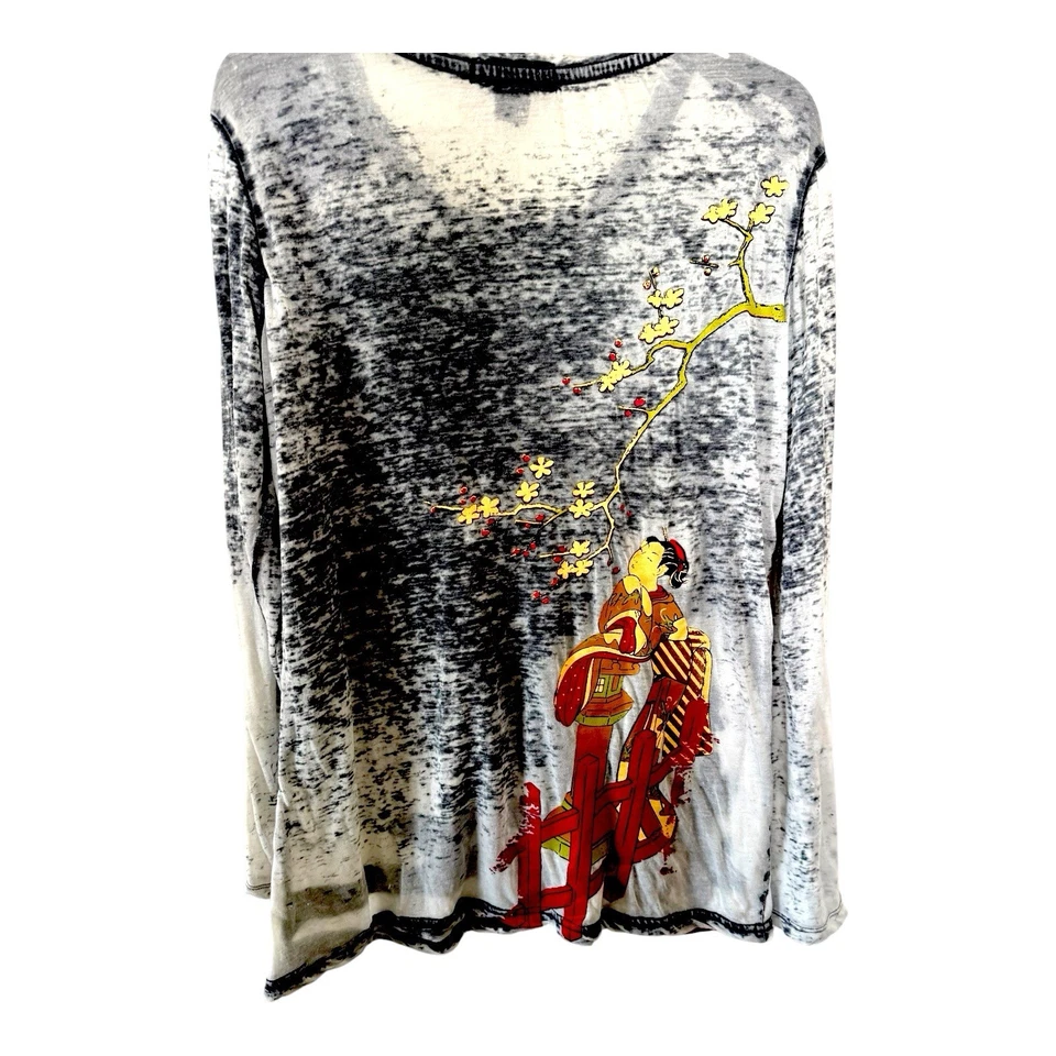 Citron Santa Monica Burnout Top Asian Print Floral Geisha Graphic Tee L Gray - Image 4 of 4