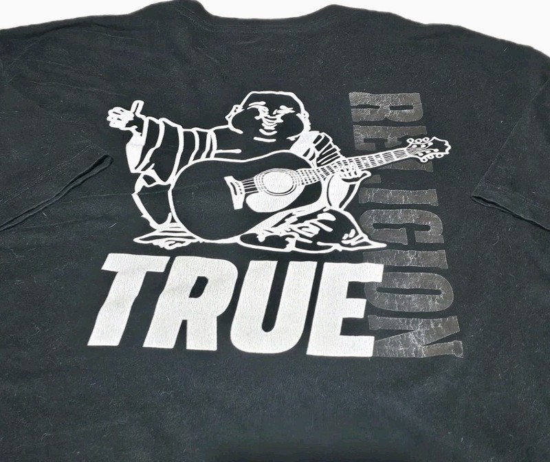 True Religion-Mens Black Cotton, Short Sleeve Logo Print Tee Shirt-(XXL)