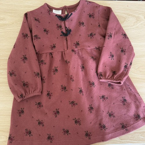 Zara Girls 4 Floral Burgundy Long Sleeve Peplum Dress Mini Black Bows Detail