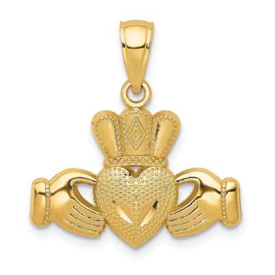 14K Yellow Gold Polished & Textured Claddagh Pendant