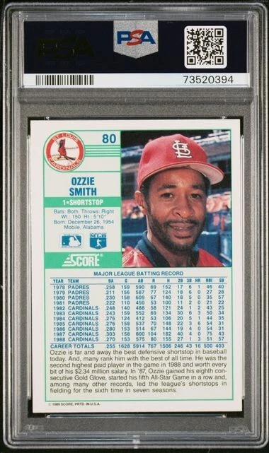 1989 Score Ozzie Smith Baseball Card #80 PSA 9 Mint - Image 2 of 3