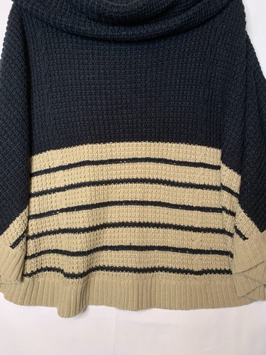 THML Womens Poncho Sweater Size Medium Beige Black Striped Cowl Neck Knit - Picture 7 of 13