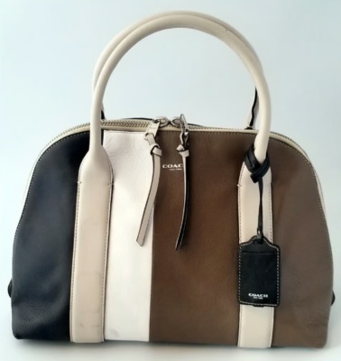 Coach Large Black, Cream and Brown Color Block Satchel Bag With
