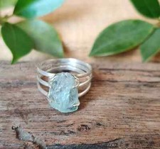 Raw Aquamarine Gemstone Ring 925 Sterling Silver Beautiful Ring All Size MK 