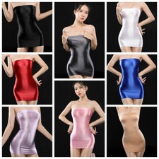 Women Semi-Sheer Lingerie Satin Shiny Bodycon Dress Tube Top Mini Dress Clubwear