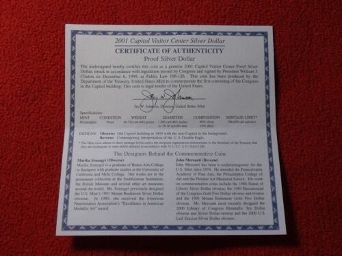 2001-P US Capitol Visitor Center Proof Silver Dollar $1 Coin COA and OGP #3267 - Picture 13 of 15