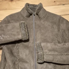 LL Bean Jacket Womens Small Brown Faux Suede Full Zip Sherpa Lined Mature Mom