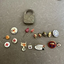 Lot Of 17 Vintage American Red Cross Pins, Tab Buttons Stick Pins Enamel Padlock