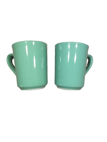 Colorations Homer Laughlin Vtg Teal & Green Ceramic Mugs 1980's Pair Of Mugs 