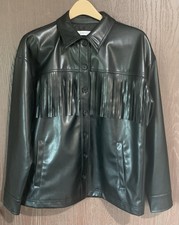 Just Fab Western Jacket Womens Small Faux Leather Black Fringe Lined Ranch Rodeo