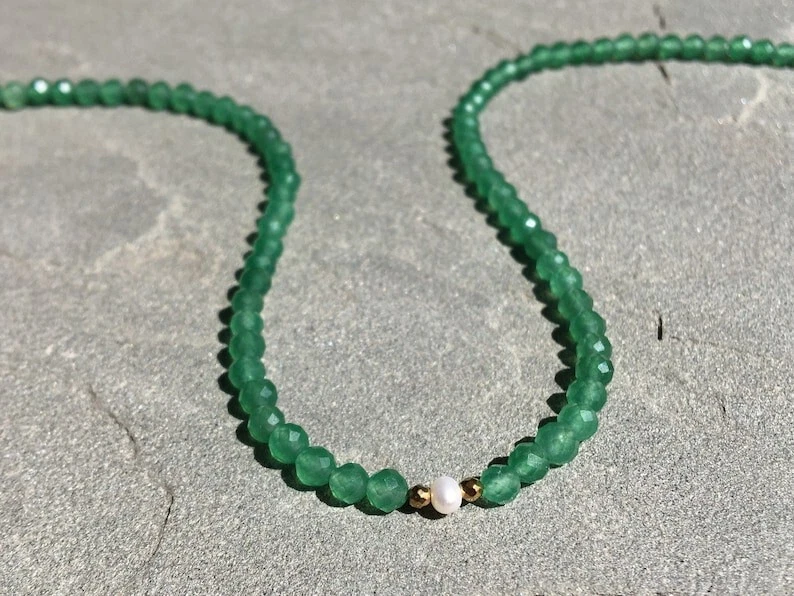 A++ Dainty Green Aventurine & Peral Faceted Round Gemstone Beaded Necklaces 18'' - Image 2 of 4