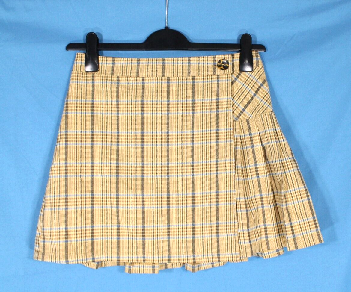 URBAN OUTFITTERS Gold Brown Blue Plaid Pleated Button Wrap Mini Skirt Preppy Style