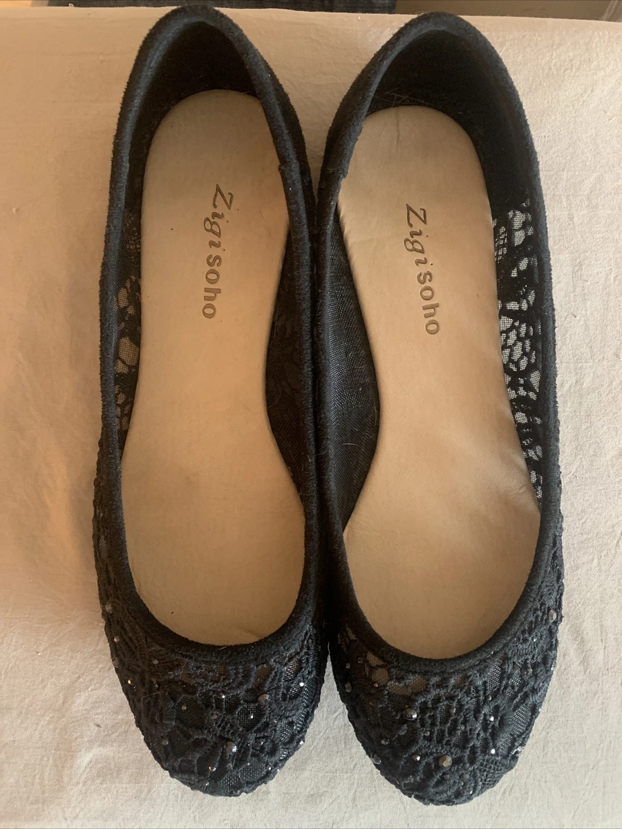 Zigi Soho Hypnotize Black Lace Rhinestones Slip On Ballet Flats 9