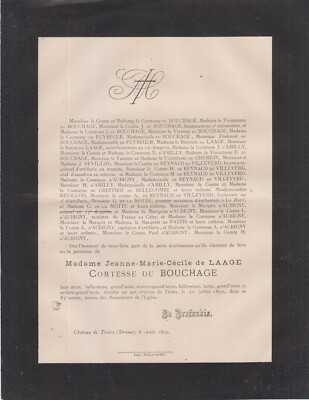 1890 Sterbeurkunde Frau von GRATET du BOUCHAGE geboren in LAAGE - Triors (Drôme).