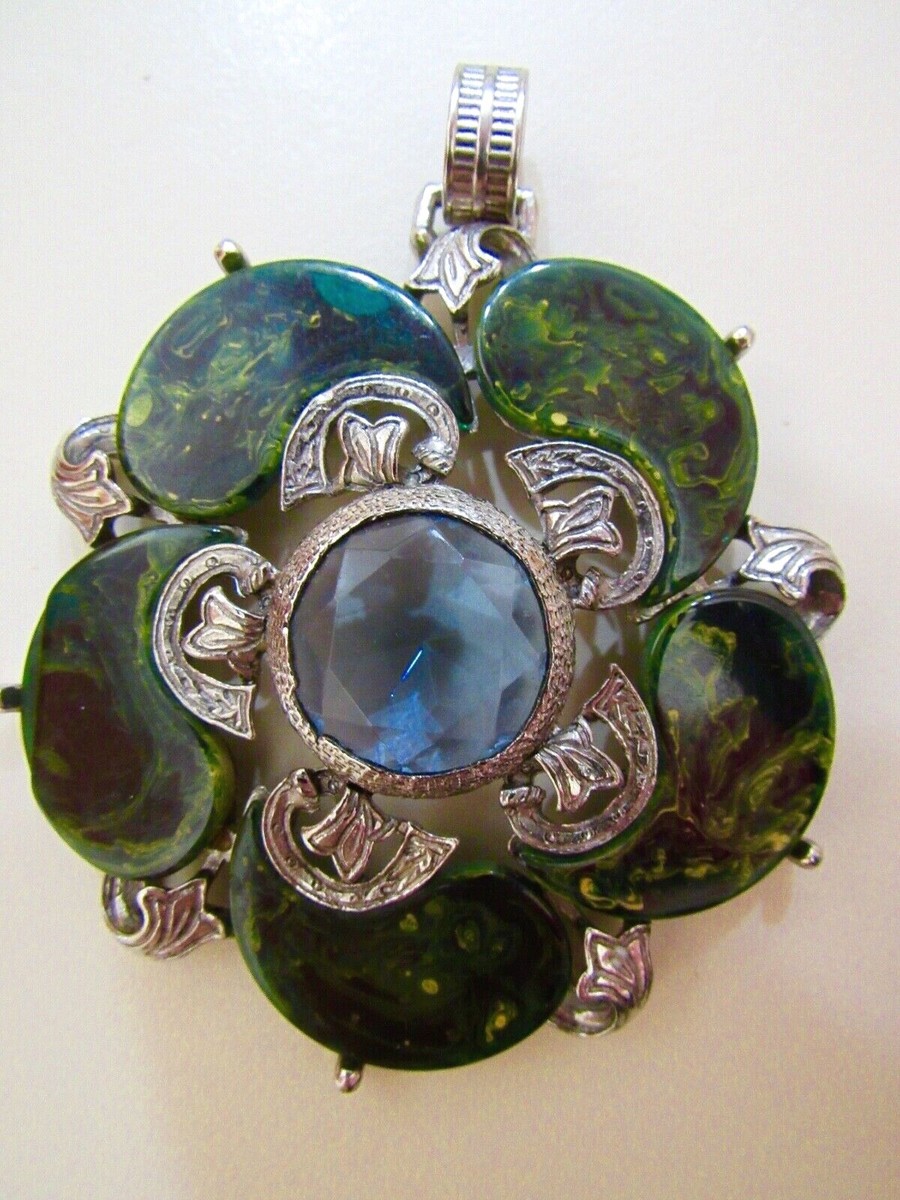 Signed ART Arthur Pepper Green Marbled Lucite Faceted Blue Stone  Pendant