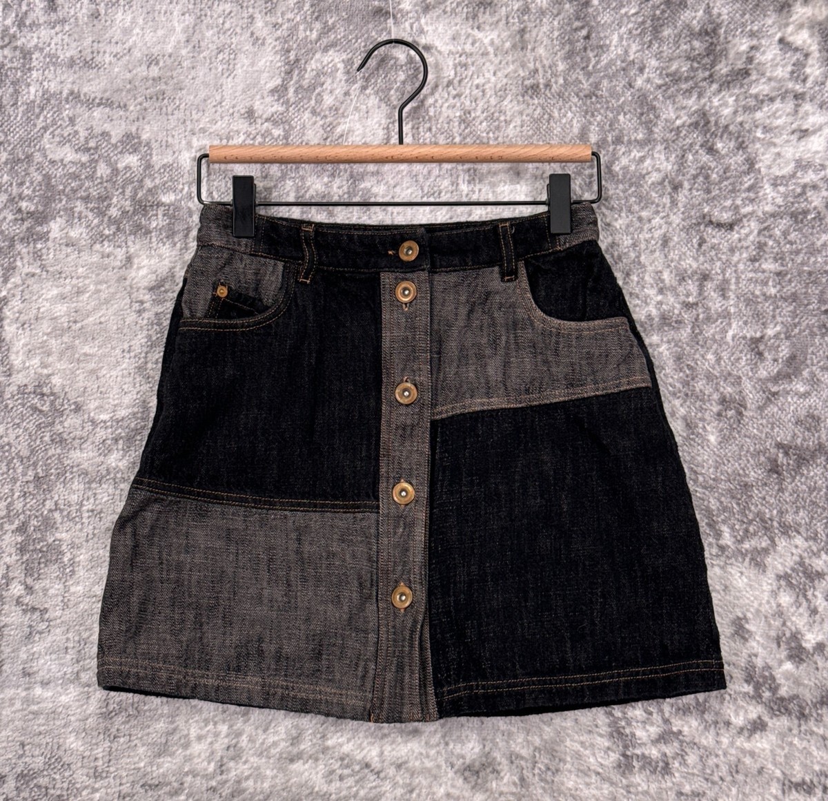 Sessun Skirt 36 US XS Womens Patchwork Denim Button Front Mini