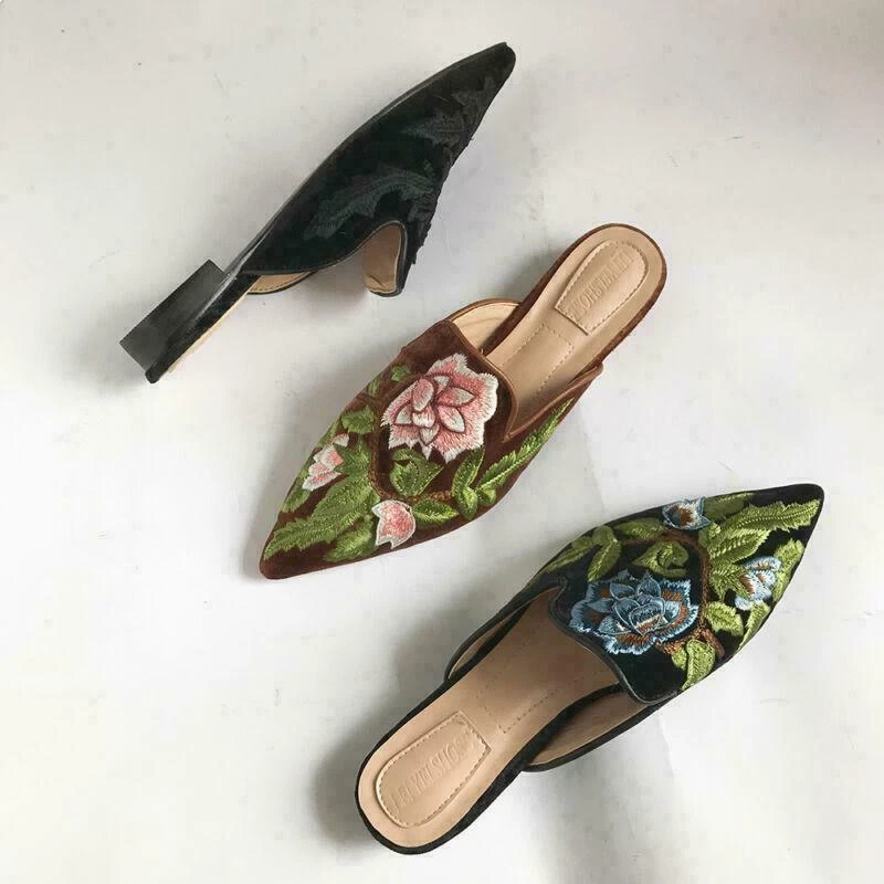 Mujer Floral Terciopelo Punta Mules Informal Zapatillas Zapatos Bomba Foto 4 de 4