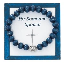 Blue Wood St. Michael Bracelet Comes Carded and Hang Bagged