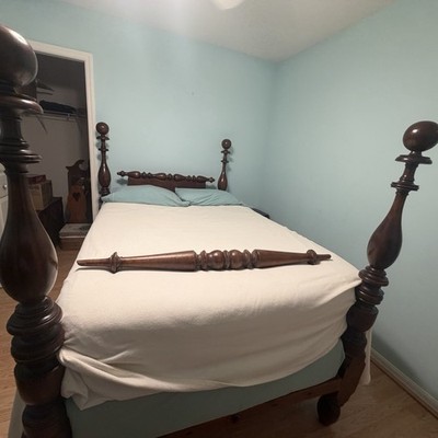Antique Wooden Four-Poster Full Size Bed Frame with Carvings, Turned Posts