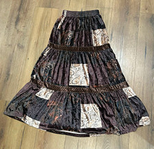 Whimsigoth Velvet Patchwork Tiered Brown Paisley Maxi Skirt Size S