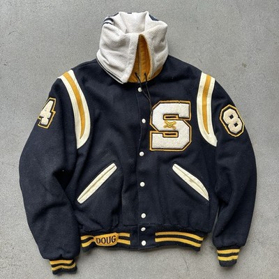 Vintage Varsity Jacket Delong Leather Sleeve Shawl Collar Chenille Patch Size 44