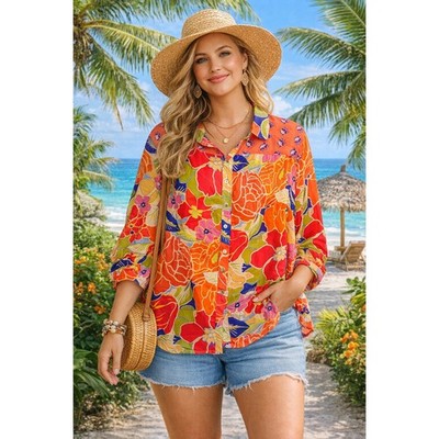 Fig & Flower Blouse Button UP Plus 2X Multicolor Floral Boho Artsy Bright Tropic