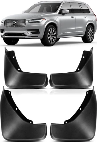 Black genuine Volvo XC90 splash guards with dual openings, shown on car side against light background.