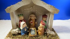Vintage Christmas Nativity Set Ceramic Figures And Wooden Stable Children 2010