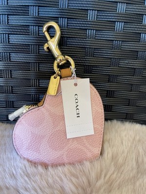 NWT Coach POWDER PINK Heart Bag Charm In Signature Canvas CEA22