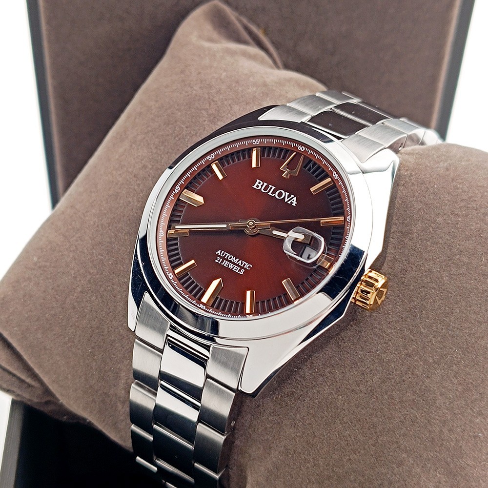 Men's Bulova Surveyor 98B422 Burgundy Dial Stainless Steel Automatic Watch