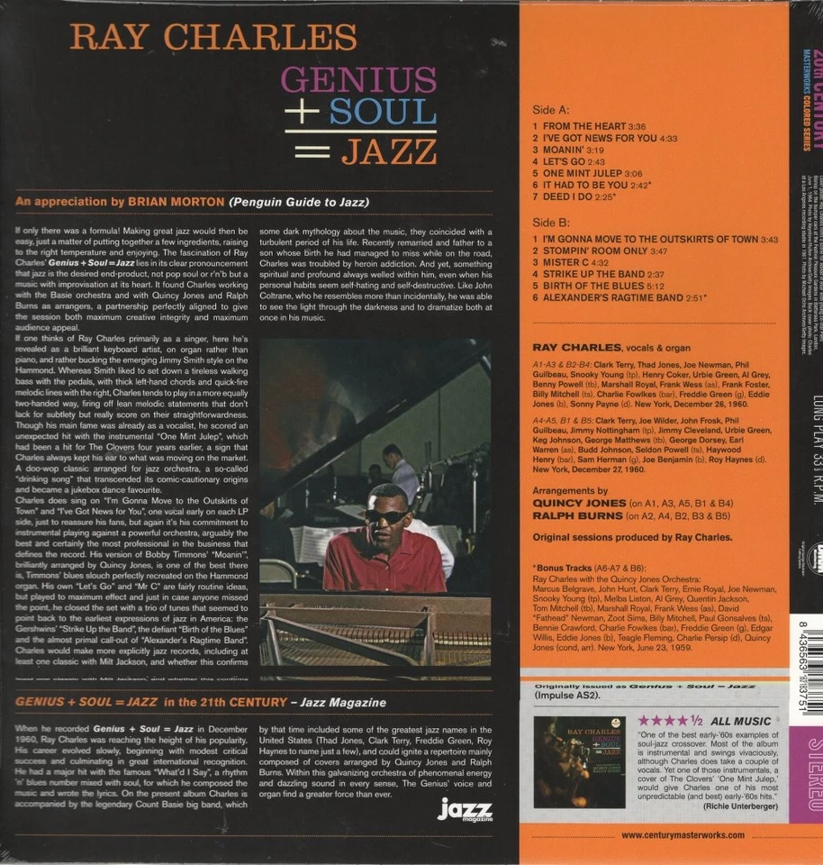 Ray Charles Genius+soul=jazz LP vinyl Europe 20th Century Masterworks 2022 - Image 2 of 2