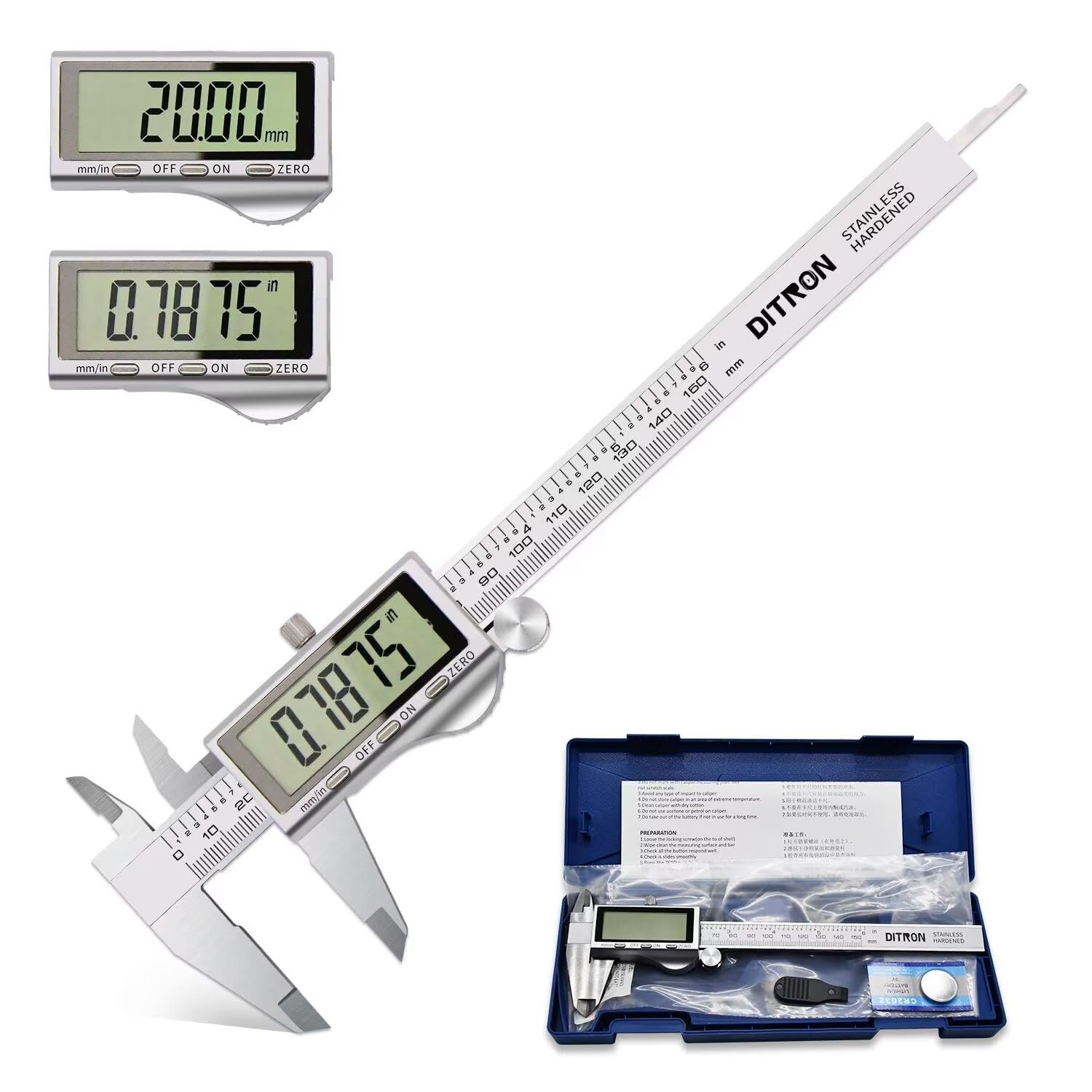 Digital Caliper Stainless Steel Electronic Vernier with LCD Screen 6in 150mm