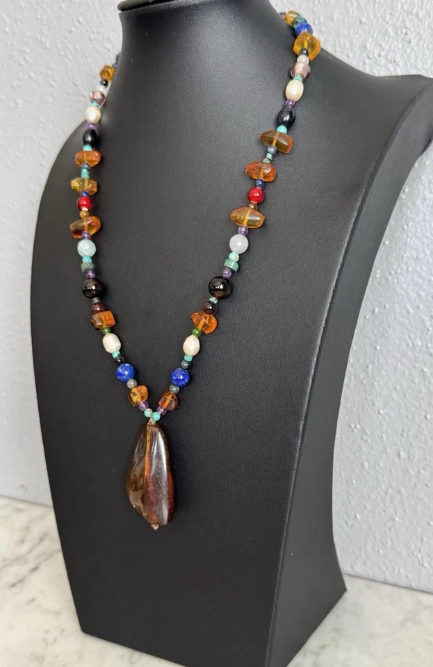 Vintage Amber, Stone, Glass & Pearl Bead Genuine Amber Pendant Necklace 21" - Image 4 of 4