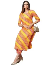 GoSriKi Women's Cotton Blend Straight Printed Kurta with Pant Set