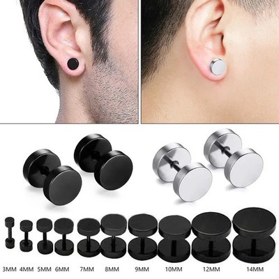 2 Stück Herren Damen Schwarz Barbell Punk Gothic Edelstahl Ohrstecker 