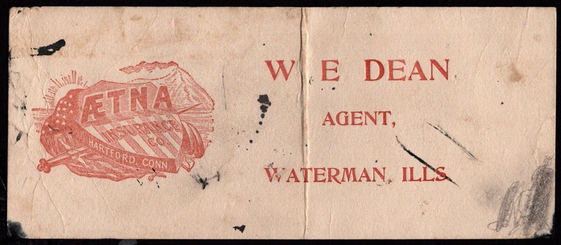AETNA INSURANCE CO. HARTFORD CT Ink Blotter W. E. DEAN Waterman Illinois