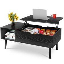 Wood Lift Top Coffee Table with Compartment and Large Storage Shelf, Lift Tab...