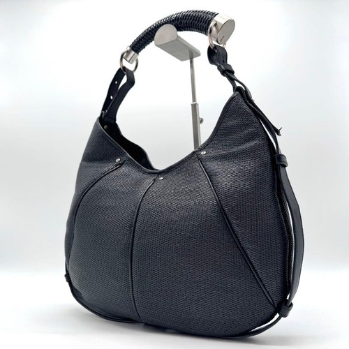 Yves Saint Laurent Rive Gauche Mombasa Leather Raffia Shoulder Bag Black
