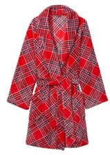 VICTORIAS SECRET COZY SHORT PLUSH BATH ROBE POCKETS LIPSTICK RED PLAID M/L