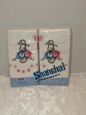 Vintage Shanghai Embroidered White/Blue Pillowcases-100% Cotton 18"x28"