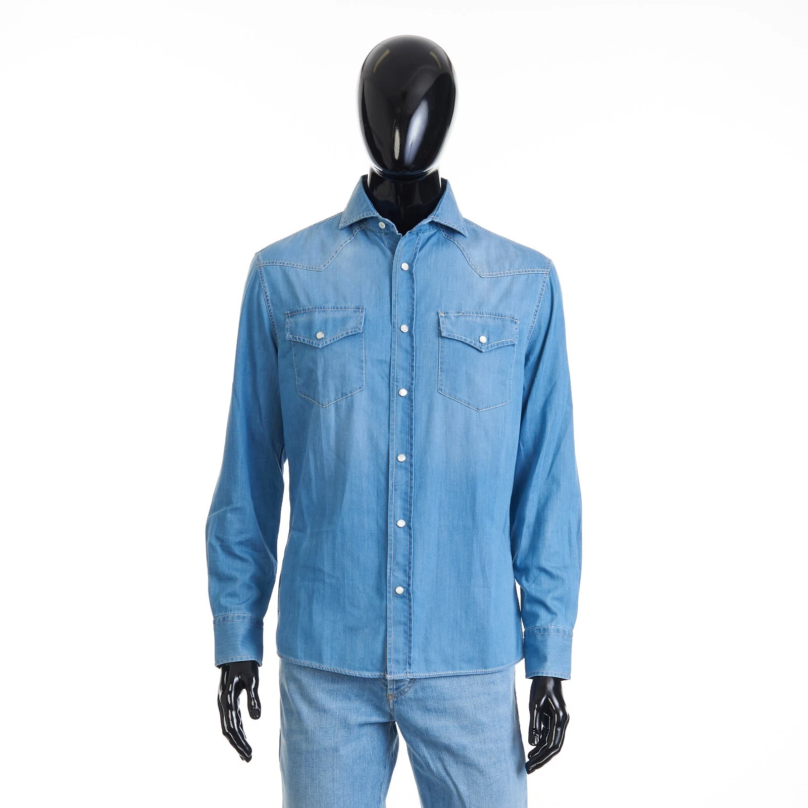 Brunello Cucinelli — BRUNELLO CUCINELLI 1150$ Easy Fit Blue Western Shirt - Lightweight Denim