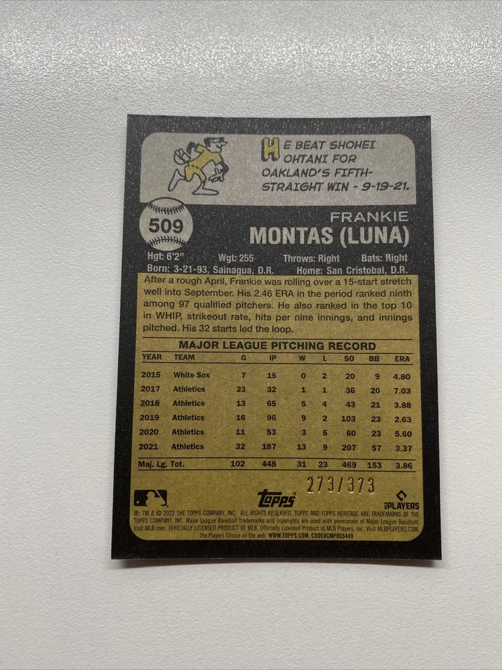 2022 Topps Heritage High Number Chrome Refractor /373 Frankie Montas 509 Yankees - Image 2 of 2