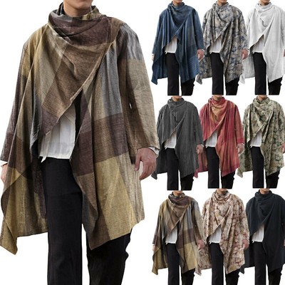 Manteau cape poncho homme manches longues coton lin veste longue