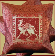 PAIR TWO OF SILK BROCADE PILLOW/CUSHION COVER RED GOLDEN COLOR FROM INDIA  