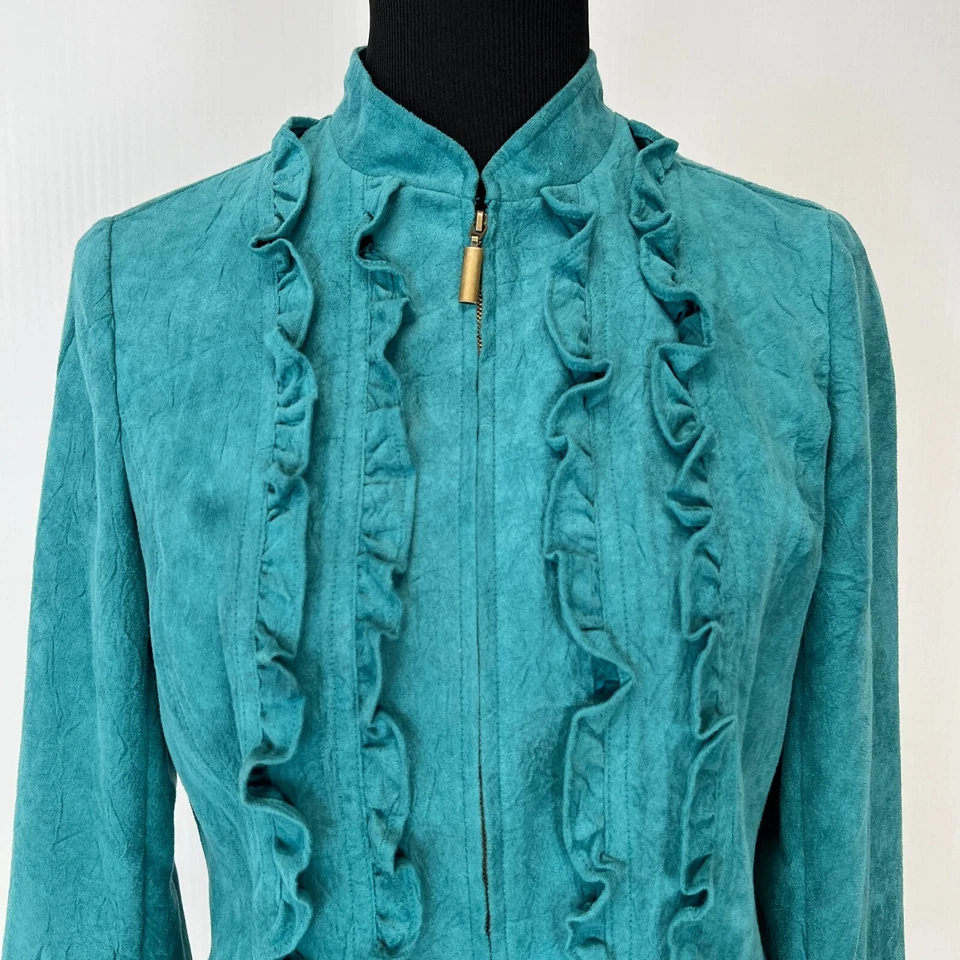 Chaqueta RQT Mujer Mediana Pequeña Boho Volantes Flecos Cremallera Abrigo Trabajo Fiesta Core Ex Foto 2 de 4