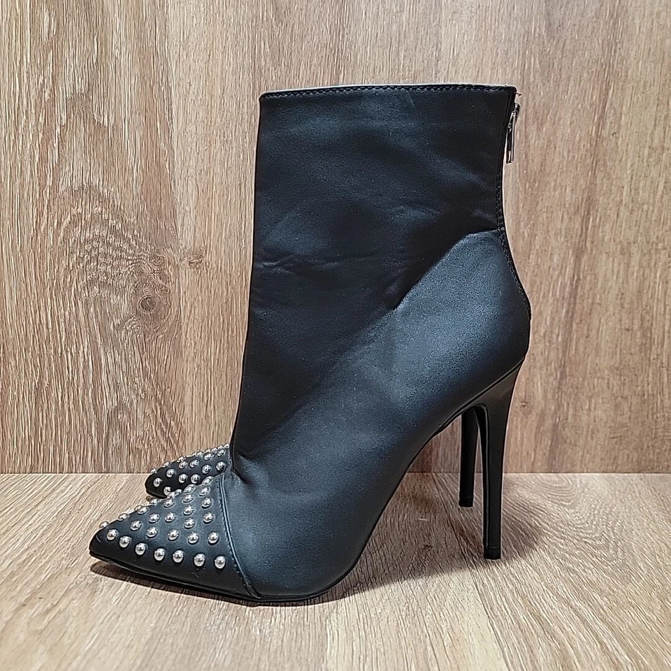 Botines Wild Diva Tacón Para Mujer 9 Cuero Negro Tachonado Cremallera Lateral Tacón Botines Foto 4 de 4