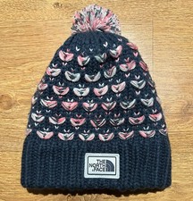The North Face Kids Youth Girls Blue Pink Winter Toque Beanie Pom Pom Hat - S
