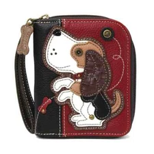 NEW CHALA BEAGLE DOG PUPPY ZIPPERED WALLET FAUX LEATHER BURGUNDY TAN BROWN
