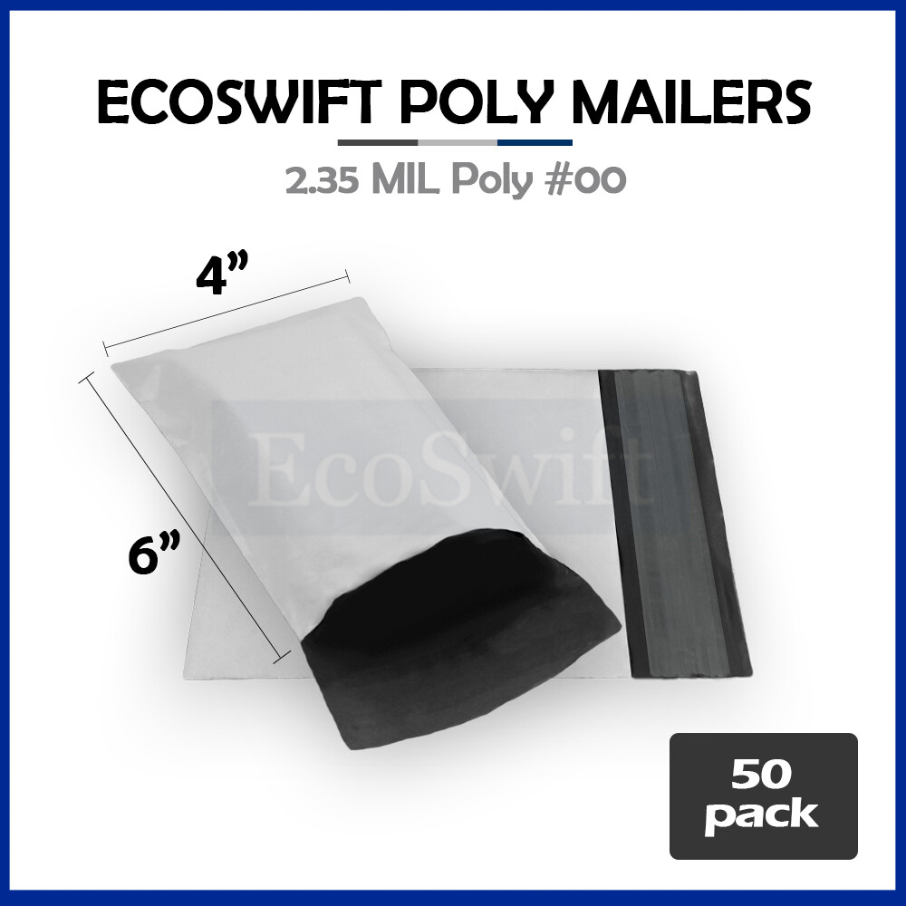 50 Count White Poly Mailers 5x6 Inches - Self-Seal Shipping Envelopes, 2.35 Mil Thick | EcoSwift