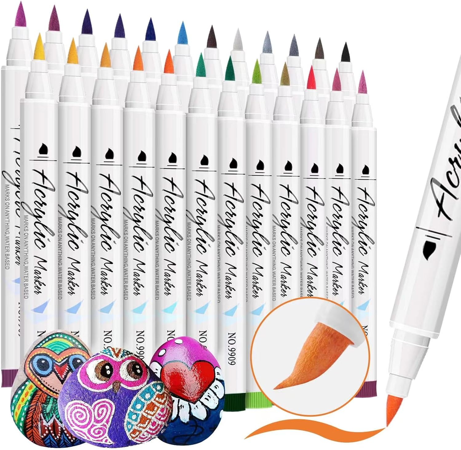 Acrylic Paint Markers 24 Colors Brush Tip Paint Pens Set,Fabric Markers Ideal fo